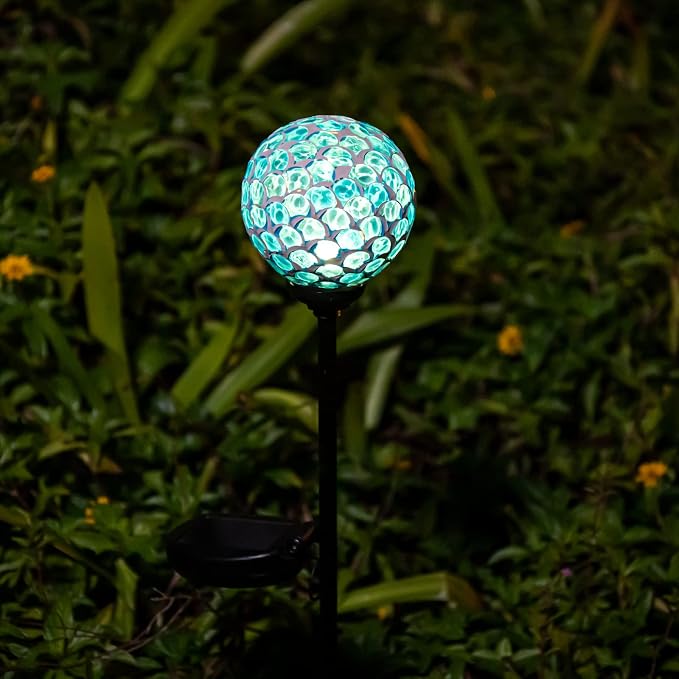 VCUTEKA Decorative Solar Garden Lights, 3.5" Mosaic Globe Outdoor Stake | Mosaic Glass Globe Design, Solar LED Light, Waterproof Design, Auto On/Off and Metal Stake Design for Lawn and Patio