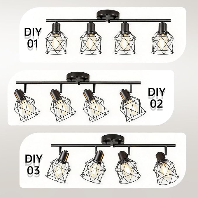4-Lights Semi Flush Mount Ceiling Light, Adjustable Multi-Directional Track Lighting Fixtures, Rotatable Farmhouse Light Fixtures Mount with Metal Cage for Kitchen, Dining Room, Living Room