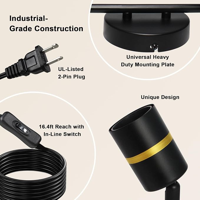 HiBay 6-Light Plug in Track Lighting, Rotatable Spotlight, Black Gold, E26 | Adjustable 6 heads ceiling fixture for a living room or open space, plug-in cord with on/off switch, no wiring, excl bulb