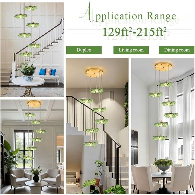 Long High Ceiling Chandelier with Green Blown Flower Glass Shade Vintage Flush Mount Ceiling Hanging light Gold brass pendant light 5 light Ceiling Chandeliers for Staircase Foyer Entryway Living