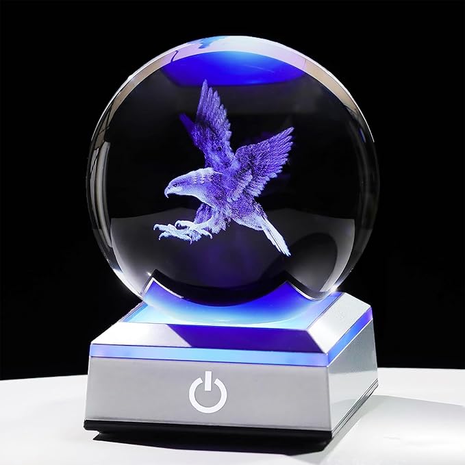 80mm 3D Eagle Crystal Ball with LED Stand, Animal Figurine Decor Glass Sphere Lamp Night Light, Eagle Statue Gifts for Men Women Kids
