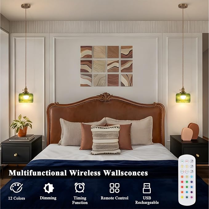 Battery Operated Pendant Light,Vintage Light Fixtures RGB Rechargeable Light Bulb 2500mAh 6.6in with Remote Control Wireless Adjustable Chandelier for Kitchen Island Hallway 1 Light