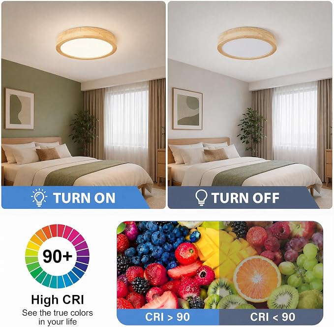 Pevfah Modern Dimmable 11.81in Wood Flush Mount Ceiling Light, 5CCT LED Round Close to Ceiling Lighting Fixtures, Minimalist Ceiling Lamp for Bedroom, Kitchen, Hallway, Laundry Room