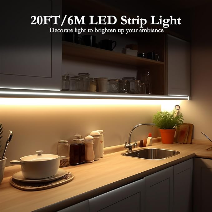 JOYLIT 12V COB LED Strip Lights 20FT/6M IP65 Waterproof 3000K Warm White 320LEDs/M CRI 90+, Bright Uniform Spotless Dimmable Adhesive Tape Lights for Kitchen Cabinet, Counter, Shelf, Stair