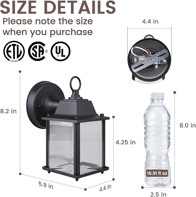 Outdoor Light Fixture, Classic Die-Cast Aluminum & Tempered Glass Porch Light for House, E26 Base (60W Max) Waterproof Wall Lantern for Front Door Garage Garden, ETL Qualified, Black, 1 Pack