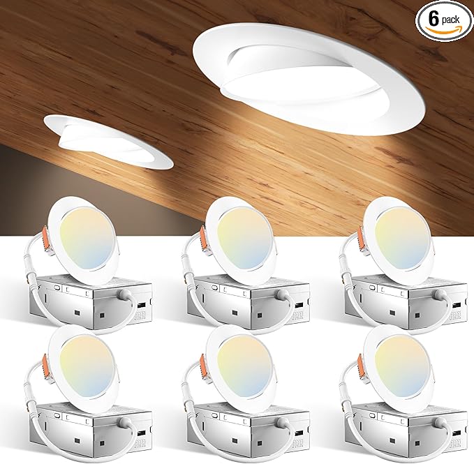 Amico 6 Pack 3 Inch 5CCT Gimbal LED Recessed Lighting, 360°&90°Adjustable Eyeball Directional Downlight, Dimmable, 2700K/3000K/3500K/4000K/5000K Selectable, 8W 600LM CRI90+, ETL&FCC, White