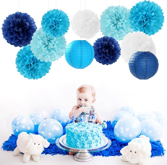 Blue-White Birthday Party-Decorations Paper-Flowers Lanterns - 15PCS Light Royal Tissue Pom Poms Streamers,Classroom Ocean Themed Baby Bridal Shower Bachelorette Wedding Hanging Supplies Decor Hugfond