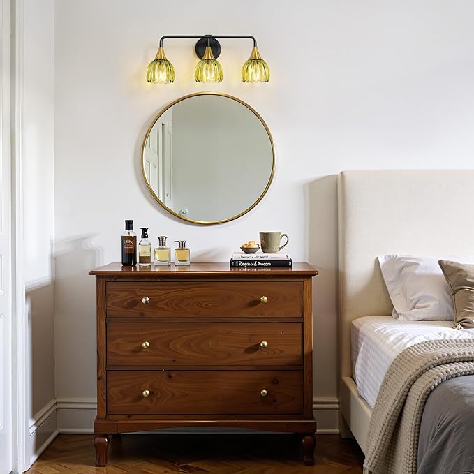 Bathroom Vanity Light Fixtures: 3-Lights Vintage Bathroom Lights Over Mirror with Ribbed Green Tulip Glass Shade - 22.4 inch Black and Gold Wall Sconce Bath Lighting