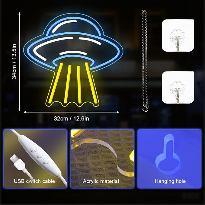 LUCUNSTAR UFO Neon Sign For Room Alien LED Neon Light Spaceship Dimmable Space Neon Signs for Wall Decor Blue UFO Neon Light Up Sign for Bedroom Game Room Wall Decor Ufo Lovers