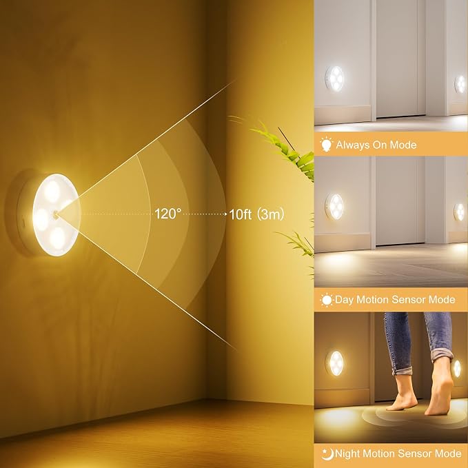 Under Cabinet Lighting, 1500mAh Rechargeable Motion Sensor Puck Lights with Remote, 3 Color Temper, Magnetic Stick on Light, Dimmable Under Counter Lights for Kitchen, Shelf, Closet, Stair, 4 Pack