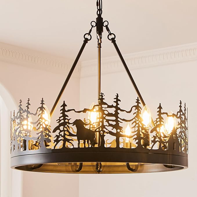 9-Light Rustic Farmhouse Chandelier, Black Wagon Wheel Pendant Light Fixture 23.6” Round Vintage Bear Chandelier for Dining Room Living Room Kitchen