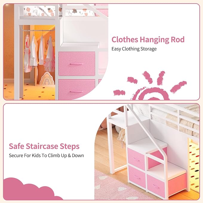 Twin Loft Bed with Desk, RGB Lights & Under Bed Play Fort, White Pink | 11 Storage Drawers, Clothes Rack, Pockets, Wide Step Stairs, 11.8''H Safety Guardrail, Built-in Charging Station