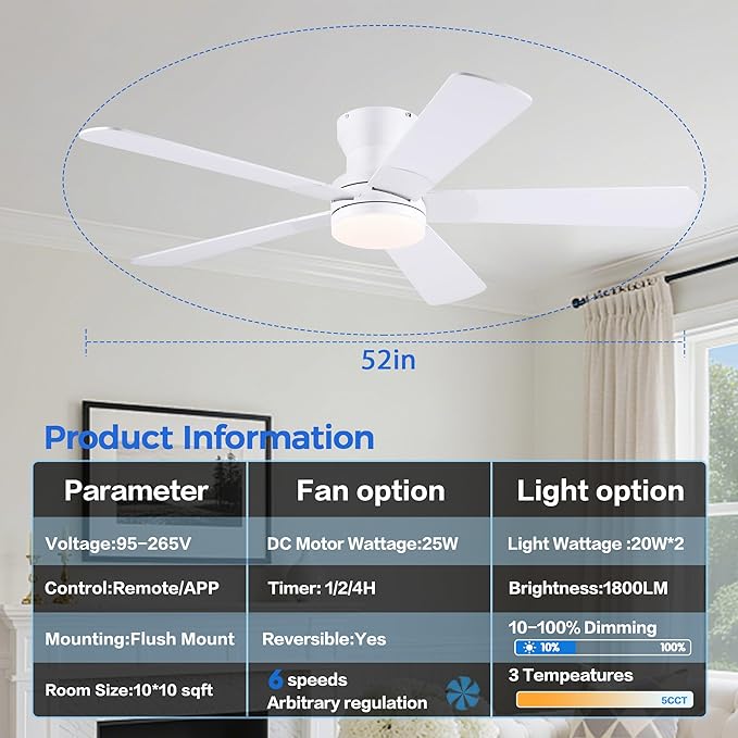 52" White Ceiling Fans with Lights and Remote/APP - Flush Mount Low Profile Ceiling Fan with 5 Reversible Dual-Sided Blades, Dimmable, 1/2/4H Timer, Modern Indoor Fan Light for Kitchen, Bedroom