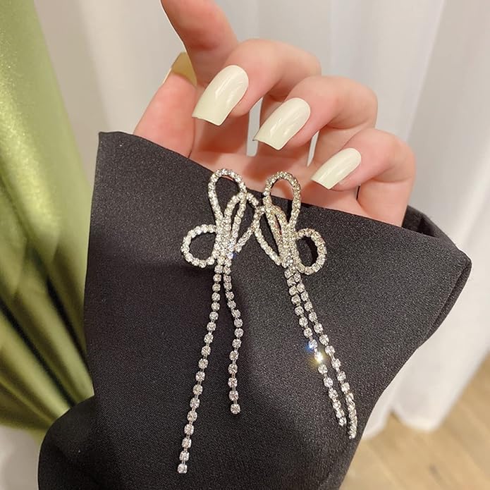 Luxval Rhinestone Earrings Dangling for Women Sparkly Silver Dangle Earrings Girls Long Chandelier Earrings Tassel Lightweight Ear Studs Cubic Zirconia Crystal Statement