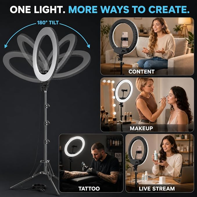 18" LED Ring Light with Tripod Stand, Professional Dimmable Ring Light Kit | 3000K-6000K Color Temperature & Brightness, for Makeup, Photography, Video Recording, Live Streaming, TikTok & YouTube