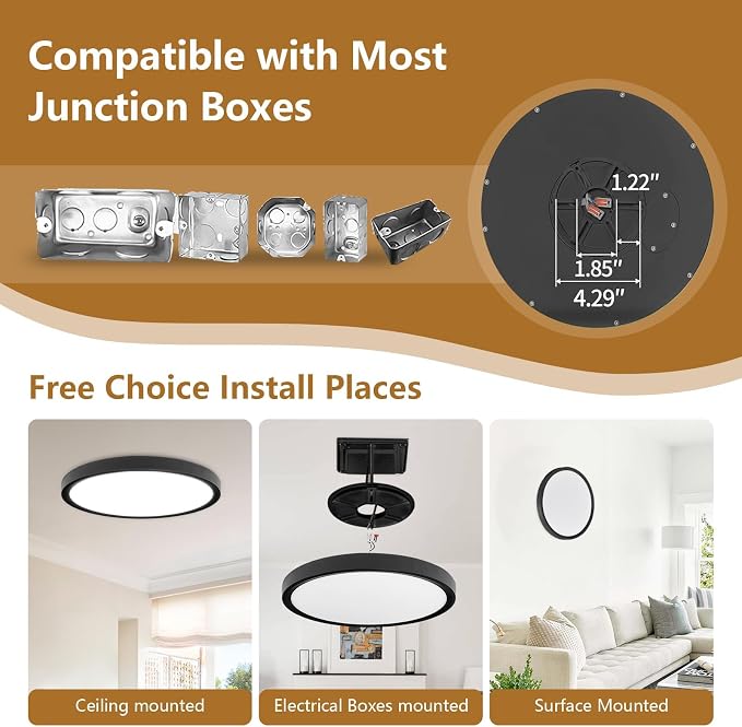Dimmable 12Inch LED Flush Mount Ceiling Light, 24W, 2520LM, 2700K/3000K/4000K/5000K/6000K CCT Selectable,LED Round Flat Panel Light Dimmable from 5% to 100% for Bedroom,Kitchen,Hallway, Black 12PK