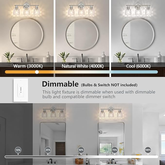 3-Light Bathroom Light Fixtures, Brushed Nickel Vanity Lights Over Mirror | Modern Farmhouse Wall Sconces with Hammered Glass Lampshade for Kitchen Hallway Bedroom Living Room Cabinet Porch-18.1IN