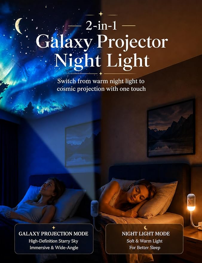 2-in-1 Galaxy Projector Night Light with 5 Projection Films | Stepless dimming, adjustable focus and 360° flexible gooseneck. USB powered for bedrooms, RVs, hotels and cruise cabins.