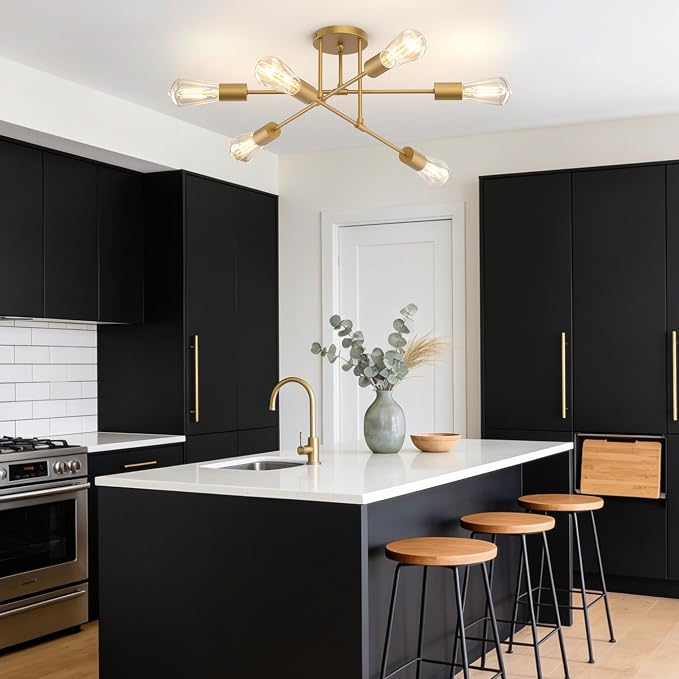 Modern Sputnik Chandelier Ceiling Light Fixtures, 6-Lights 22” Mid Century Industrial Metal Semi Flush Mount for Dining Room, Bedroom, Living Room-Gold