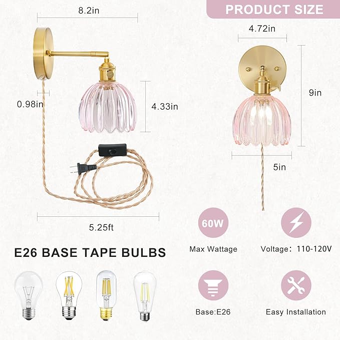 Plug in Wall Sconces Set of 2, Vintage Wall Sconce Light with Tulip Pink Glass Lampshade, Bedroom Wall Sconce with Switch and Plug in wall lamp Cord, Gold Wall Light Wall Decor Set of 2