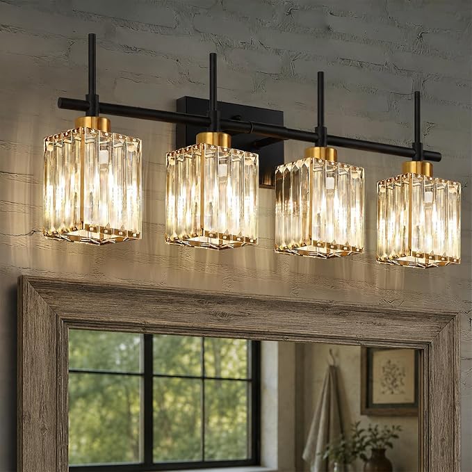 Torondo Modern Crystal Bathroom Vanity Light 4-Lights Gold Bathroom Light Fixtures Over Mirror Black and Gold Vanity Lighting Fixtures Gold Square Shade Brass Wall Sconce (Bulbs Not Include)