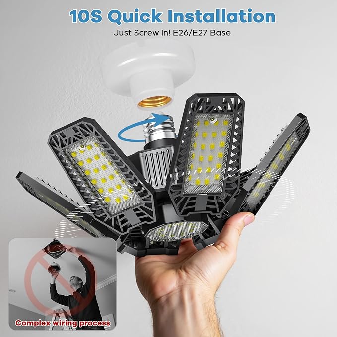 6 Pack Garage Light - 180W 18000 LM 6500K Deformable Garage Lights Ceiling LED with 6+1 Adjustable Panels, Shop Lights E26/E27 Screw Socket for workshops, Parking, Basement, Storage Room
