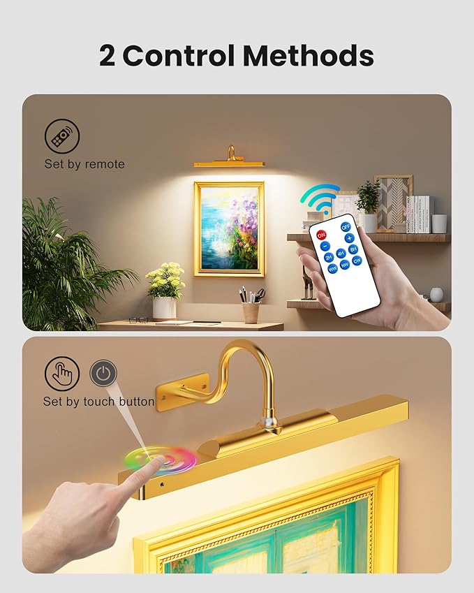 Picture Light 3Pack- 16in Picture Lights for Wall, 5000mAh Wireless Rechargeable Battery Picture Lights, Wall Light, Art Display Light for Gallery Artwork, Paintings, Portraits, Dartboards- Gold