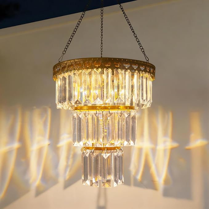Solar Hanging Crystal Chandelier Vintage Outdoor Garden Decor Light | Waterproof metal frame with warm white LED and powerful battery elegant illumination to patio, gazebo, party, tree, wedding