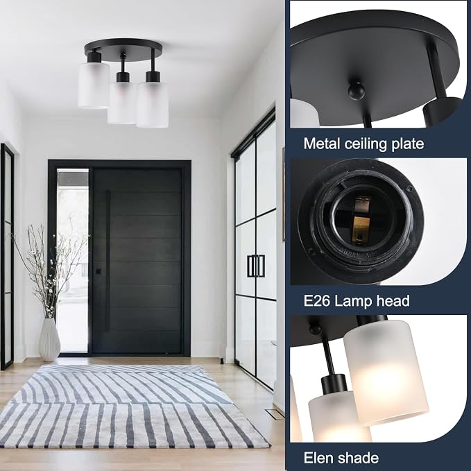 3-Light Industrial Farmhouse Black Matte Light Fixtures Ceiling Mount, with Frosted Glass Shades Semi Flush Mount Ceiling Light, for Hallway Fixtures Kitchen, Foyer