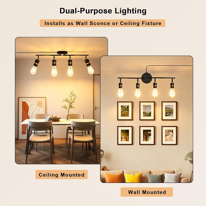 HiBay 4-Light Plug in Track Lighting, Rotatable Spotlight, Black Gold, E26 | Adjustable 4 heads ceiling fixture for kitchen dining room, plug-in cord with on/off switch, no wiring, excl bulb