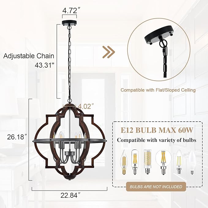 23'' 6-Light Wood Farmhouse Chandelier for Dining Room Vintage Rustic Oak Brown Pendant Light Fixtures Globe Hanging Ceiling Lighting for Hallway Entryway Foyer Kitchen Living Room Bedroom