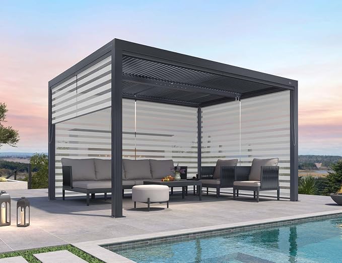 PURPLE LEAF Louvered Pergola 94AS 11' x 13' w/ 1L2W Side Shade Screen Grey | Modern Sleek Design With Adjustable Textilene Sunshade, All-Aluminum Rustproof, Fits 11X13 Spaces, 2 Adjustable Roofs