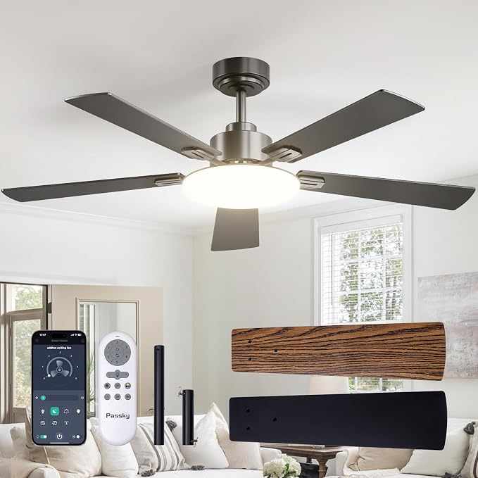 Passky Ceiling Fans with Lights, 52 inch Sleek Ceiling Fan with Light and Remote Control, 3CCT, Dimmable, Reversible, Noiseless, Black Ceiling Fan for Bedroom, Living Room | 3-color dimmable light, quiet reversible DC motor, easy install, memory, Timer...
