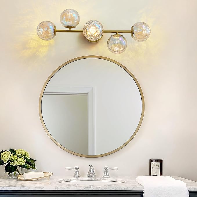 Brushed Gold LED Stained Hammered Glass Globe Bathroom Vanity Light | Colorful Water Ripple Light Effect, Decorative Stained Hammered Glass, Brushed Gold Finish, Built-In LED Source, mcm design