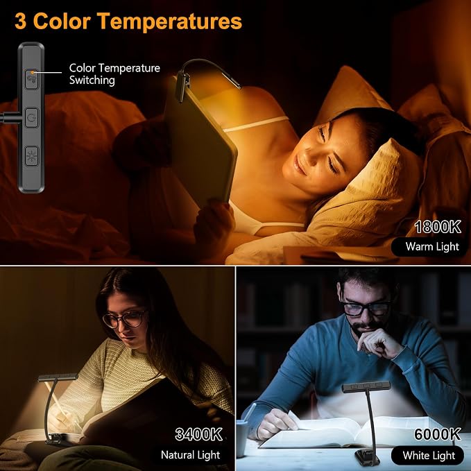Gritin 2 Pack 19 LED Rechargeable Book Light for Reading in Bed | Eye Caring 3 Color Temps,Stepless Dimming Brightness,Memory Function,90 Hrs Runtime Lightweight Clip on Light-Black