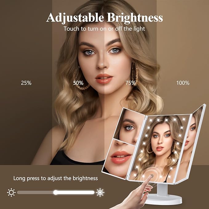 HUONUL Makeup Mirror, Vanity Mirror with Lights, 2X/3X/10X Magnification, Touch Control, Trifold, Dual Power Supply, Gifts Mothers Day for Mom,Gifts for Women, Wife, Girls,Dorm Room Essentials