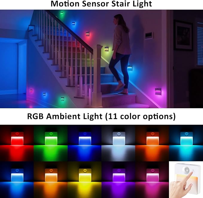 3 Pack Motion Sensor Stair Light for Indoor, Rechargeable Battery Operated Closet Lights, RGBW Stick On Night Lamp, Motion Activated Magnetic Lighting Lamps for Step, Cabinet,Hallway,Bathroom
