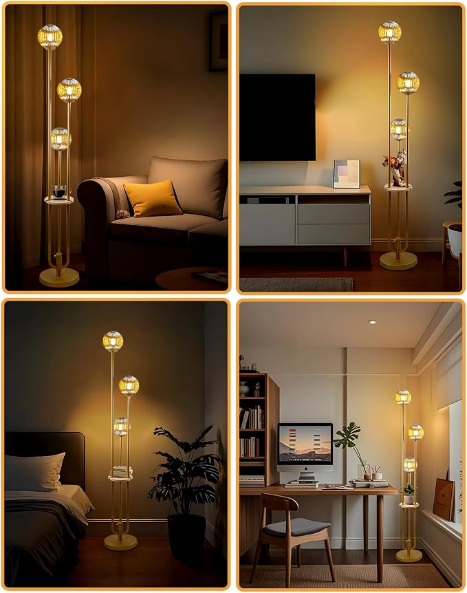Lightdot Amber Glass Floor Lamp with Shelf 63IN Dimmable Mid Century Modern Gold Standing Lamps 3000K Bulbs Included Globe Floor Lamp with 5Lbs Heavy Base for Living Room/Wedding/Sofa Beside/Corner