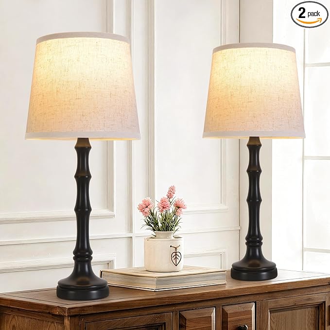 Lamps Set of 2 Modern Farmhouse Table Lamp Bedside Reading Lamps Living Room End Tables Set Lamps for Night Stands Bedroom Night Lamp,High 26.25 Inch,Black,With Fabric Lamp Shade,Bulb Not Included