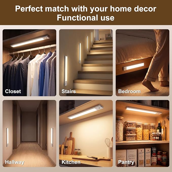 12 inch Under Cabinet Lighting 4 Pack, Wireless Motion Sensor LED Closet Light with Remote, USB-C Rechargeable, 3 Color Temperatures, Magnetic Mount for Kitchen Pantry Wardrobe Counter
