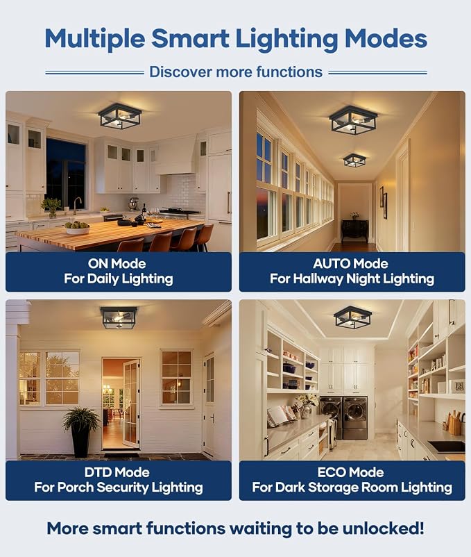 Motion Sensor Outdoor Ceiling Light with Remote, 12.2 Inch Black Flush Mount Porch Light Fixture with United Glass Cover, 5 Modes Outside Flush Mount Light for Porch, Garage, Patio, Entryway