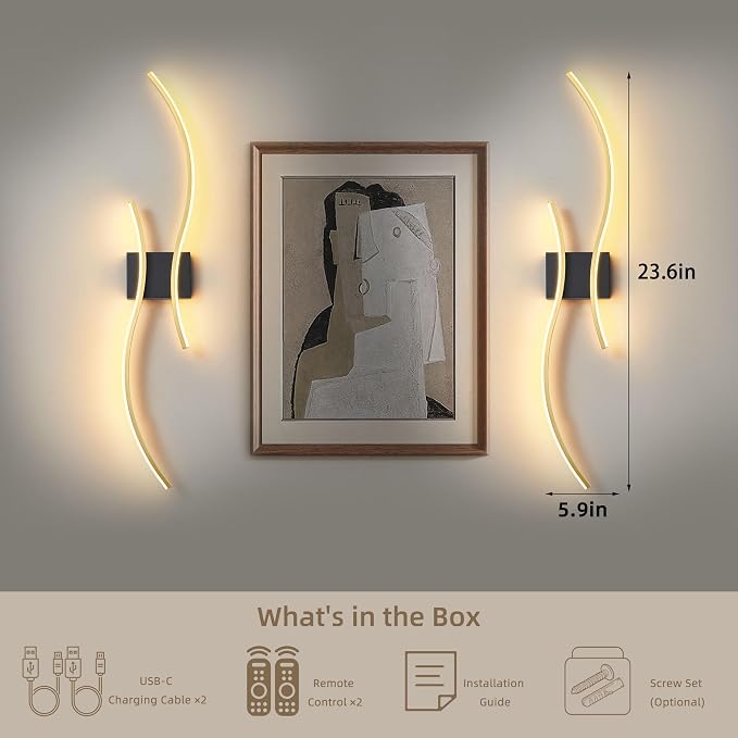 Battery Operated Wall Sconce Set of 2, Dimmable Modern LED Rechargeable Wall Light with Remote Control, Wall Decor for Living Room, Hallway, Quick Install, No Electrician Required
