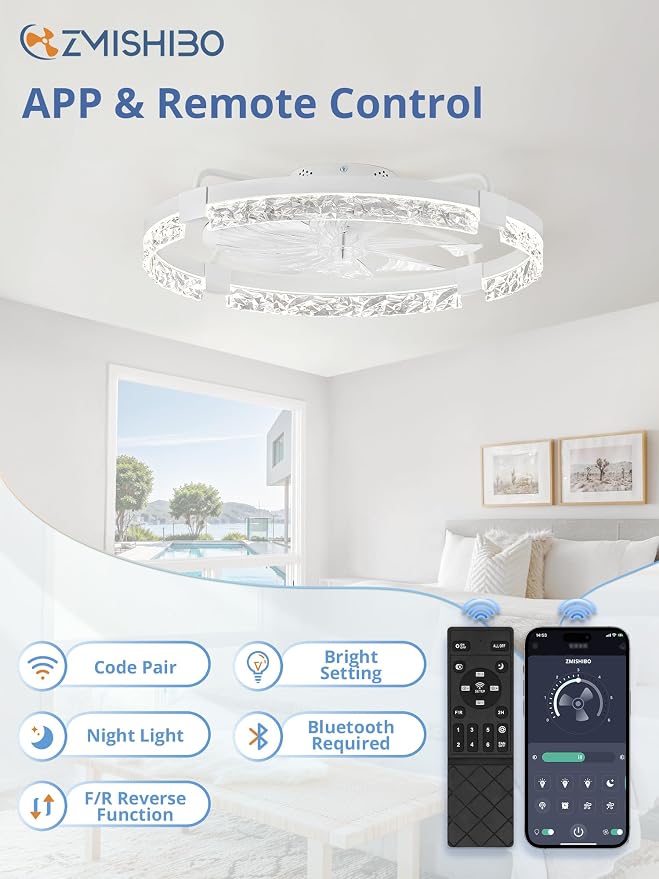 ZMISHIBO 24 Inch Ceiling Fans with Lights, Flush Mount Remote & App Control | 3CCT Dimmable LED, DC Motor, Bladeless, Reversible Blade, 6 Speeds, Modern, Low Profile, Enclosed, Bedroom, Kids, Girl, Adult