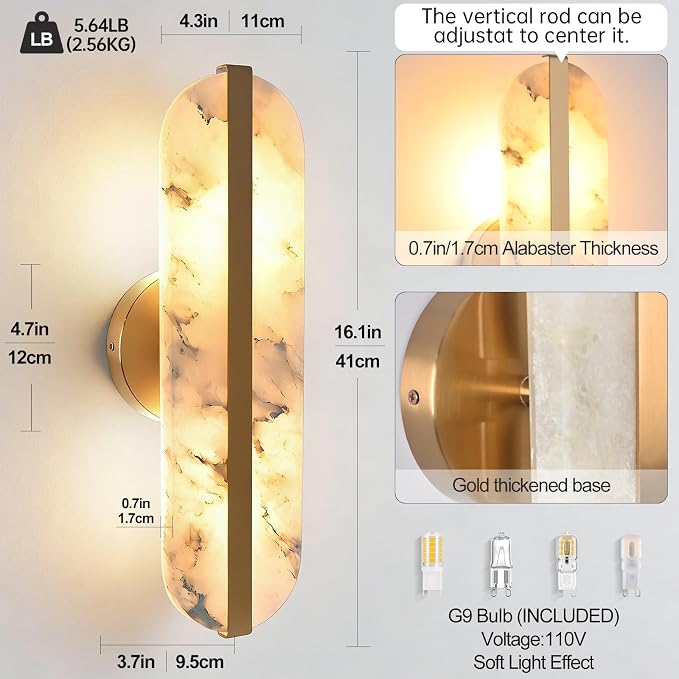 15.7in Natural Alabaster Wall Sconces Marble Wall Sconces, Bulb Included | Gold Bathroom Vanity Light Fixture Modern Oval Stone Wall Mount Lamp Hardwired for Bedroom Living Room Hallway Stairs