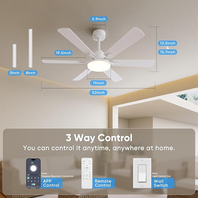 52'' Downrod Mount Ceiling Fans with Lights for Living Room, White | 6 Blades, 6 Speeds, MAX 5600 CFM, Remote&APP Control, 3CCT Dimmable LED, All Metal Body, Memory Function, Reversible DC Motor