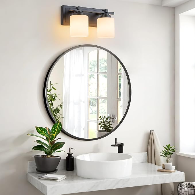 Modern Bathroom Light Fixtures Over Mirror, Vanity Lights for Bathroom Wall Sconces with Milky White Glass Shades, E26 Socket (Bulbs Not Included), 2 Light, Black
