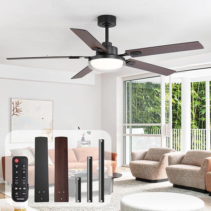 60 Inch Ceiling Fans with Lights and Remote, Bedroom Living Room Office Industrial, 5CCT Dimmable, Dual Color 5 Blades, 6 Speed Reversible Quiet DC Motor, Double-Layer Lampshade, Black/Wood Grain