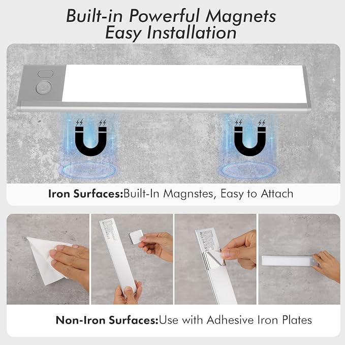 2 Pack Under Cabinet Lighting, 3 Colors & Dimmable Motion Sensor Light Indoor, 900mAh Rechargeable Under Cabinet Lighting Magnetic for Kitchen, Stairs, Closets, Silver(Aluminum Alloy+ABS +PC)