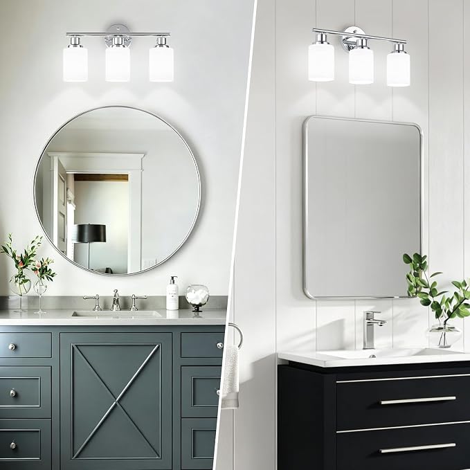 3-Light Chrome Vanity Lights for Mirror, Bathroom Light Fixtures with Textured Milky White Glass Shade, Modern Kitchen Light Fixtures Wall Sconce Light