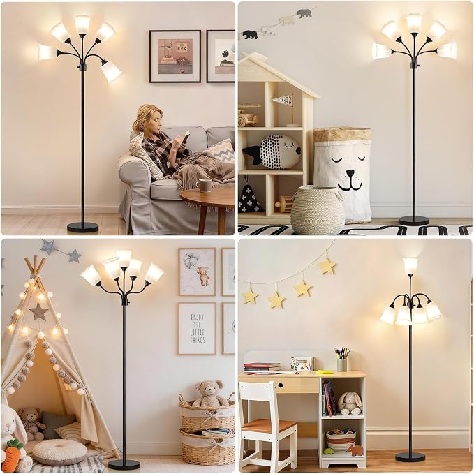 Medusa LED Floor Lamp, Multi Head Modern Tall Lamp with Adjustable Gooseneck Standing Lamps for Living Room Bedroom Kids Room Office 5 White Lampshades Bulb Not Included(Black)